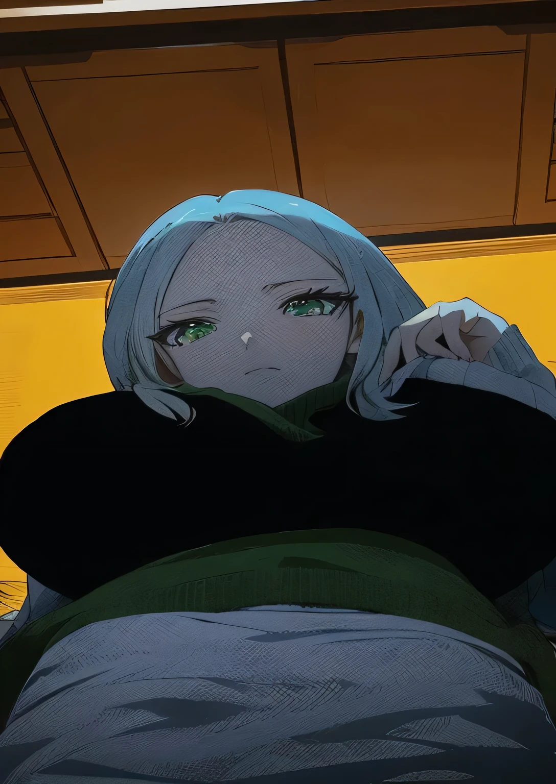 girl, white-blonde hair, 18 year old anime girl laying down on a bed, black turtleneck, green eyes,