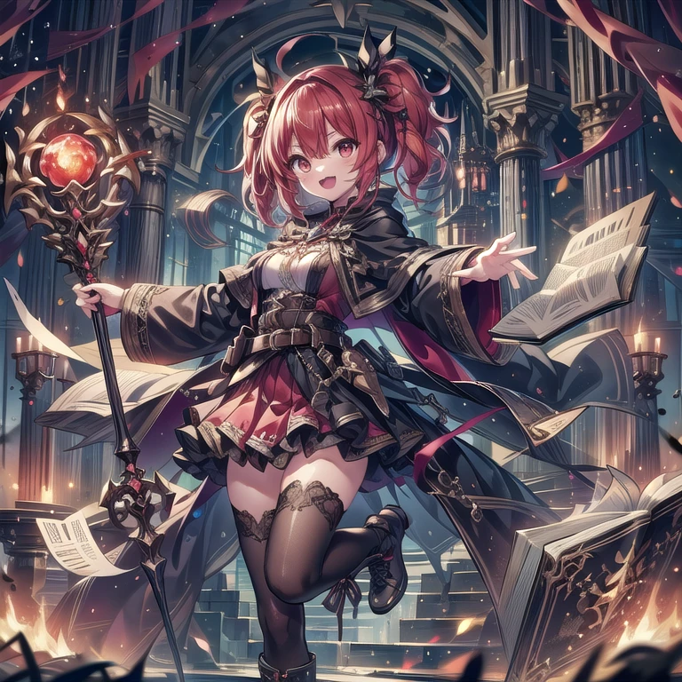 masterpiece,best quality, wizzard, short hair, ((red_hair)), ((twin tail)), 1girl, solo, thighhighs, skirt book, open-mouth, black-thighhighs, staff, boots, red-eyes, smile, pleated-skirt, fang, two-side-up, holding, red-skirt, blush, belt, looking-at-viewer, red-hair, long-sleeves, :d, holding-staff, capelet, magic, open-book, full-body, shirt, white-shirt, zettai-ryouiki, bangs, fire, standing-on-one-leg, standing, v-shaped-eyebrows, long-hair, miniskirt, floating-book, cross-laced-footwear, black-footwear hair-between-eyes, floating-object, black-capelet, floating, red-hair, coat, outstretched-arm, leg-up, lace-up-boots, breasts, holding-book, ((medium_tits))
