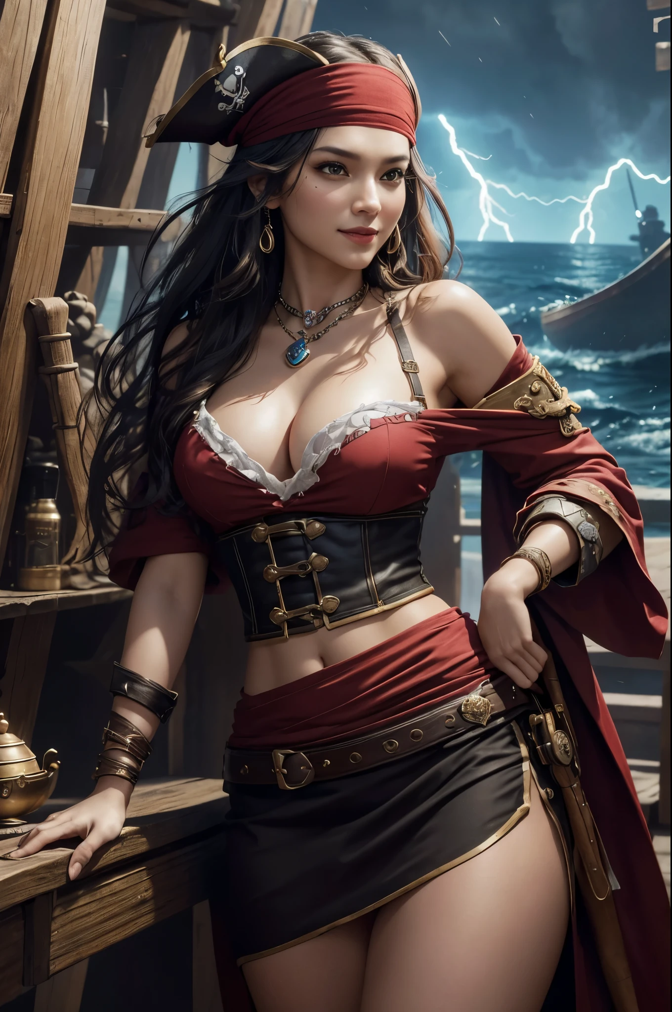 8K,(masterpiece, Interesting image of a pirate dressed in red tones、enchanting pirate..:1.3), (A captivating depiction of the perfect combination of charm and adventure..:1.2), (Carefully crafted to bring out the character&#39;s charm to the fullest..:1.2), (Attractive pirate wearing an attractive pirate costume that makes your figure stand out...:1.1), (A balance between classic pirate elements and modern sensuality..:1.1), (her confident and brave look ::、Further enhance her mysterious charm..:1.1), (Also pay attention to the set contents...., From low necks to luxury accessories..:1.1), (The background captures the essence of the pirate world.., Packed with treasures and adventure tips:1.1), (While embracing sensuality..、 depiction, interest and adventure.:1.1), (A mix of attractive aesthetics and piracy 、Create visually appealing elements:1.1), (A work of art that celebrates both imagination and charm in a vibrant and captivating way..:1.1), (魅力的な公海の魅力とenchanting pirateの世界への状..:1.1)), movie, super detailed, insane details, beautiful gradation color, Every time , Hypersite, megapixel,anti-aliasing, nffsw, NBTC&#39;s.., EGAT.., s., post-processed, post production, tone mapping, ....CGI, VFX, special effects, detailed and complex, Hyper Maxim, wonderful, Volume measurement, realistic portrait, Super photorealistic, super detailed, intricate details, wonderful detailed, full color, Volume measurement lightning, EGAT.., realistic, unreal engine, 11, sharp focus, octane render,dynamic pose,smile,
