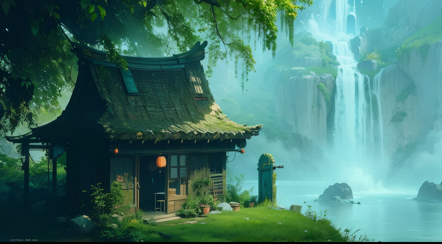 Misted River Shack, Verdescent shack in foreground, ancient chinese shack, The mythical misty waterfalls in background, chinese folklore, Natural landscape, Turquoise and White color scheme only, Turquoise and White colors only, Turquoise and White, Made in Abyss, Stormlight Archive, Studio Ghibli, Anime Key Visual, by Makoto Shinkai, Deep Color, Intricate, 8k resolution concept art, Natural Lighting, Beautiful Composition, Xianxia style