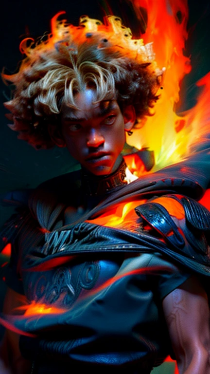 a close up of a person with a black face, Afro American man, black curly Afro, muscular, God, Face resembling Rhea Ripley, dressed in black and grey, Flame Aura, anime art wallpaper 4 k, high resolution, beast form,anime art, black man, glowing eyes, muscular,badass anime 8 k, anime epic artwork, 4 k manga wallpaper, ultra hd anime wallpaper