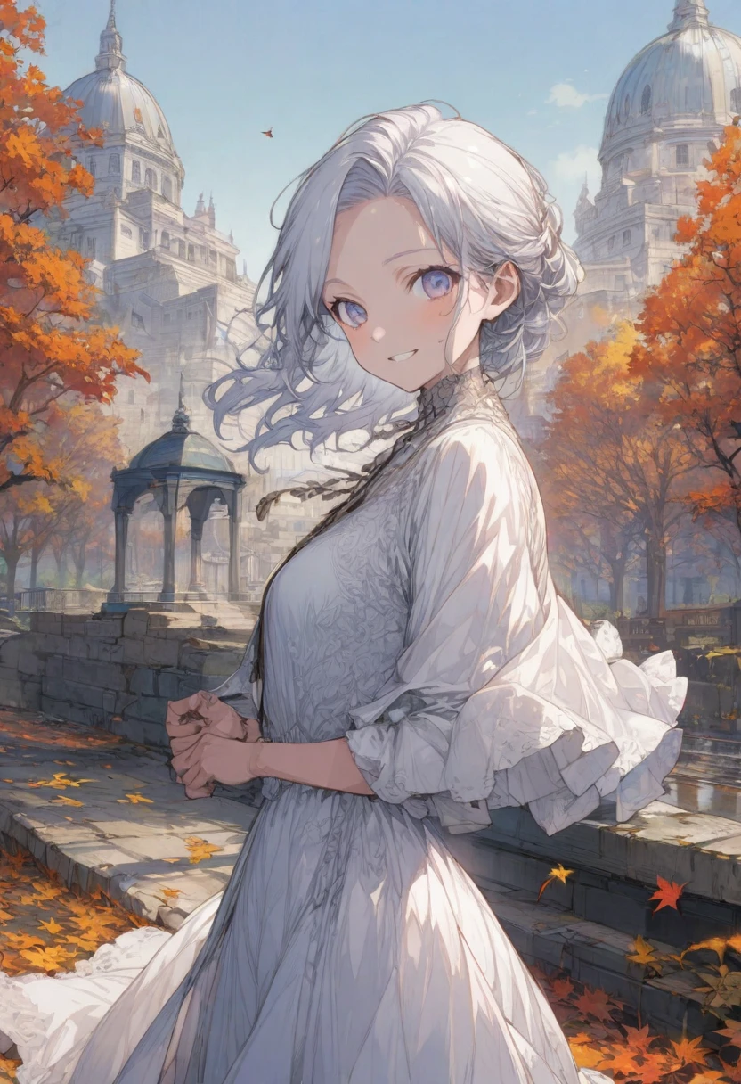 girl, anime niji illustration, extremely content happy smile, A fit white haired woman in Alexandria, Virginia in autumn at morning, realism, detailed background, best quality, masterpiece, very aesthetic, perfect composition, intricate details, ultra-detailed, Animagine