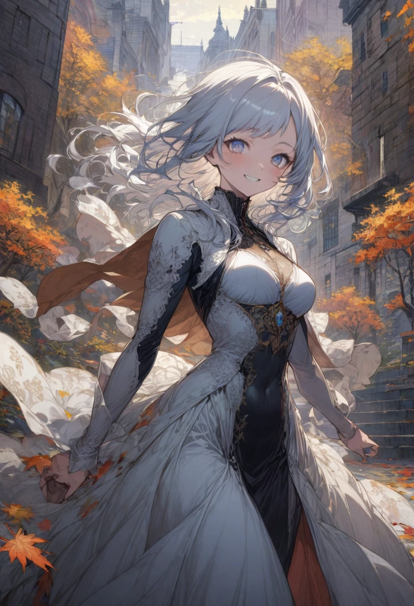 girl, anime niji illustration, extremely content happy smile, A fit white haired woman in Alexandria, Virginia in autumn at morning, realism, detailed background, best quality, masterpiece, very aesthetic, perfect composition, intricate details, ultra-detailed, Animagine