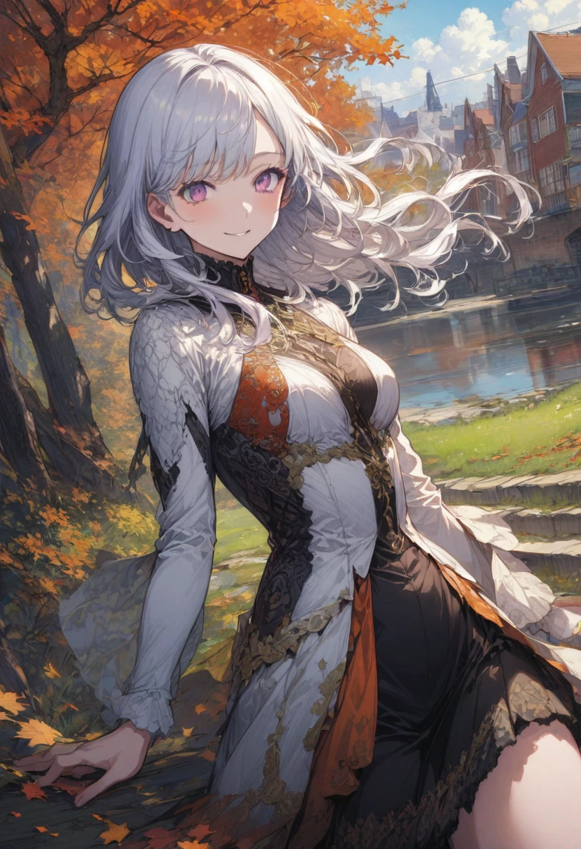 girl, anime niji illustration, extremely content happy smile, A fit white haired woman in Alexandria, Virginia in autumn at morning, realism, detailed background, best quality, masterpiece, very aesthetic, perfect composition, intricate details, ultra-detailed, Animagine