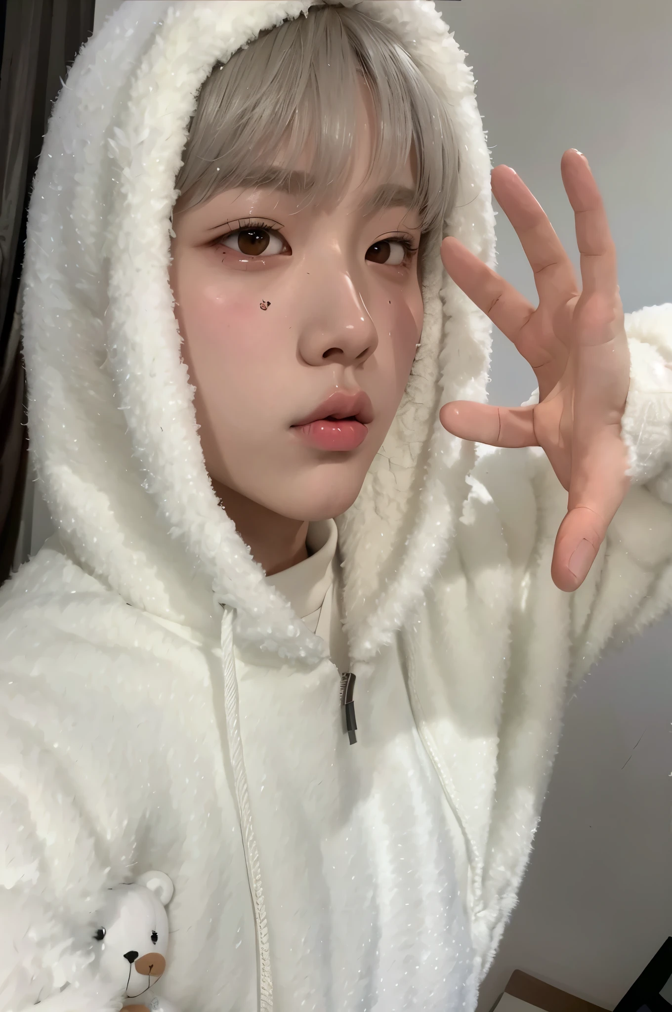 there is a boy wearing a white teddy bear sweatshirt, Kim Doyoung, male Ulzzang, Jimin, em um moletom, adorable and pale korean face, pele branca brilhante, inspirado em Bian Shoumin, park Jimin, cai xukun, Ulzzang, Sakimichan, Jimin\the right eyelid is swollen, pele branca leitosa, Jinyoung Shin