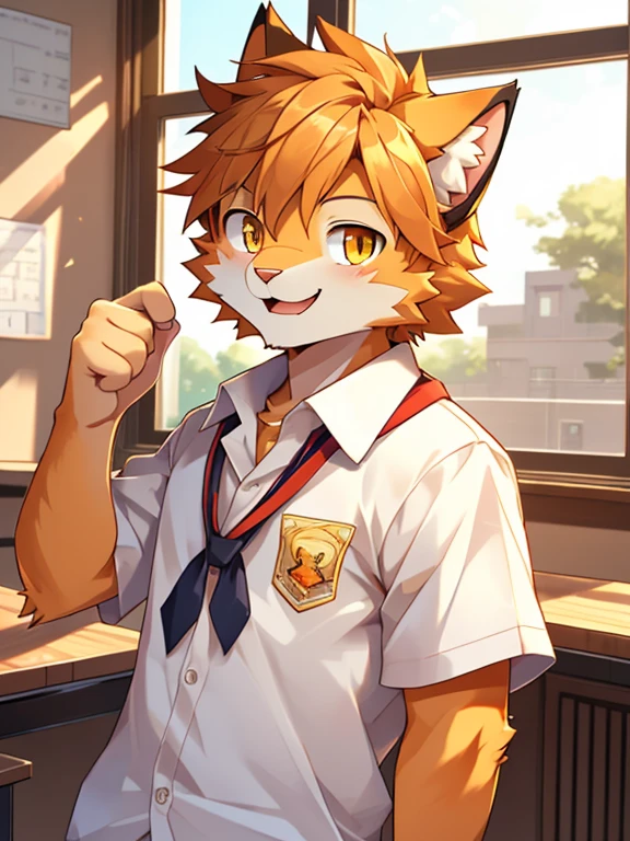 (masterpiece)，(Very detailed)，(best quality)，hairy，Cat，orange fur，Vivid eyes，golden pupils，cute style，Sunny and cheerful，(white casual wear)，((funny expression))，8K，(high quality)，(ultra high definition)，(super detailed)(High )(Shota)