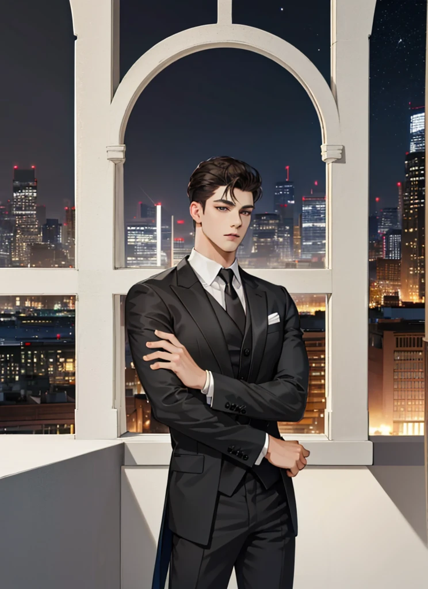 (modern day, k hd, ultra - detailed), (1male people, solo person, AS-Adult, mature:1.4, Idade:1.4, young, Tall muscular man, Handsome), Very short hair, black color hair, Hair oil, with brown eye,(Pointed chin:1.4,Thick neck:1.4,),the night,Dark,Look at the night view of the city through the large window,brown suit,tiese,full bodyesbian,luxury goods,luxury goods,business man