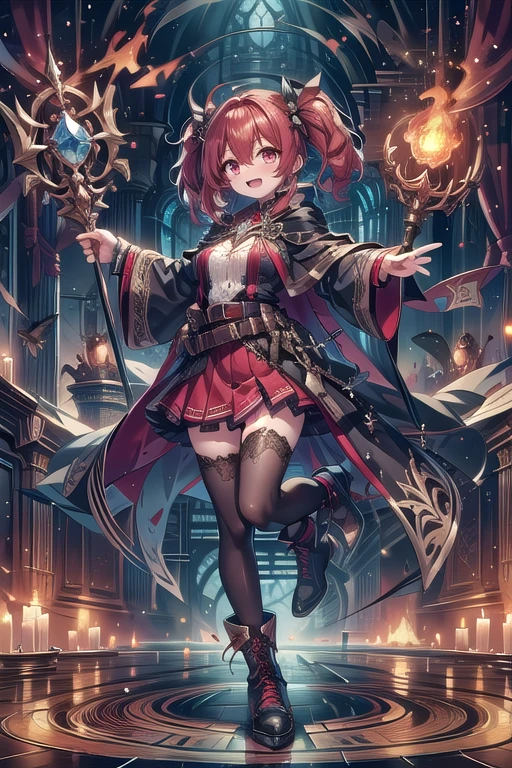 masterpiece,best quality, wizzard, short hair, ((red_hair)), ((twin tail)), 1girl, solo, thighhighs, skirt book, open-mouth, black-thighhighs, staff, boots, red-eyes, smile, pleated-skirt, fang, two-side-up, holding, red-skirt, blush, belt, looking-at-viewer, red-hair, long-sleeves, :d, holding-staff, capelet, magic, open-book, full-body, shirt, white-shirt, zettai-ryouiki, bangs, fire, standing-on-one-leg, standing, v-shaped-eyebrows, long-hair, miniskirt, floating-book, cross-laced-footwear, black-footwear hair-between-eyes, floating-object, black-capelet, floating, red-hair, coat, outstretched-arm, leg-up, lace-up-boots, breasts, holding-book, ((medium_tits))
