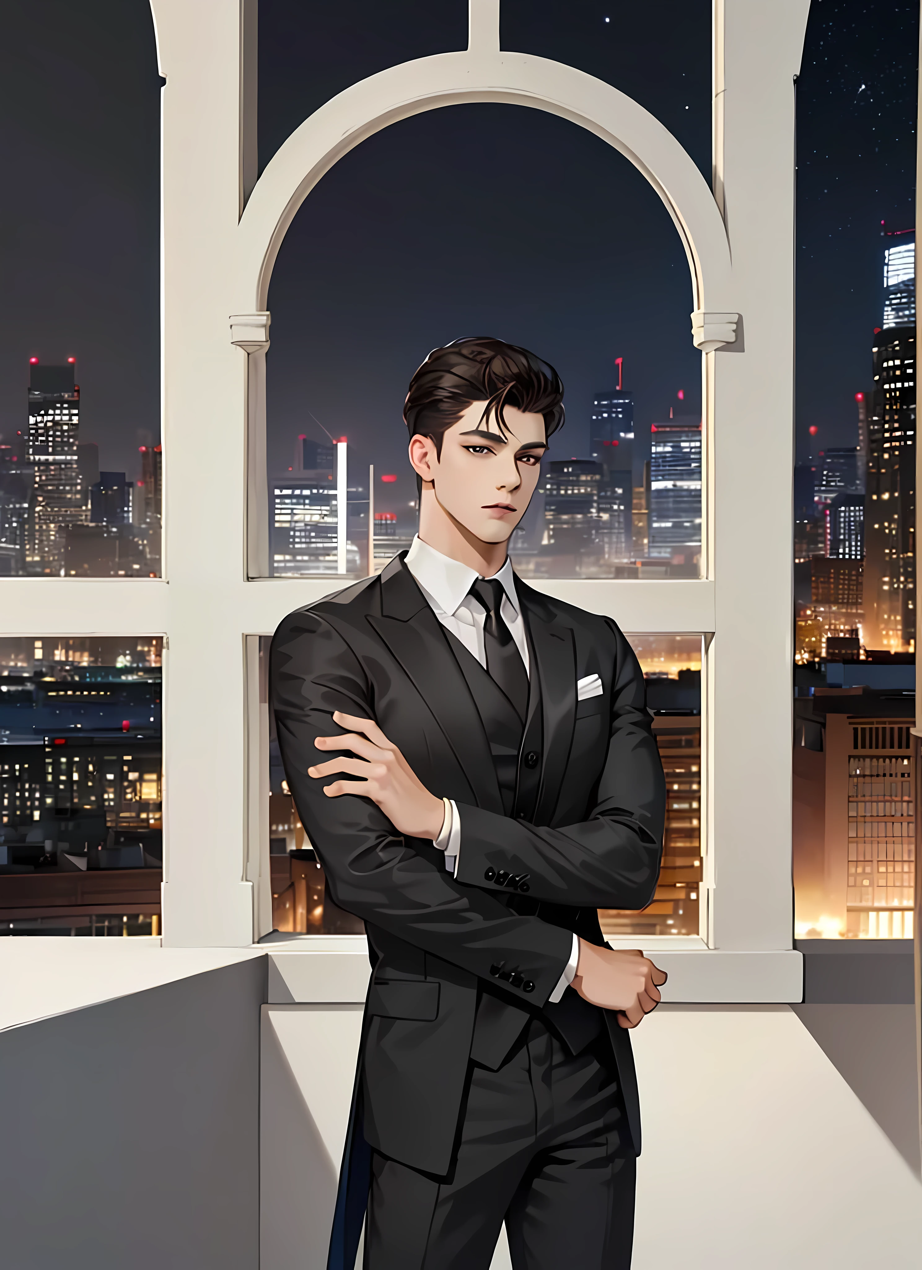 (modern day, k hd, ultra - detailed), (1male people, solo person, AS-Adult, mature:1.4, Idade:1.4, young, Tall muscular man, Handsome), Very short hair, black color hair, Hair oil, with brown eye,(Pointed chin:1.4,Thick neck:1.4,),the night,Dark,Look at the night view of the city through the large window,brown suit,tiese,full bodyesbian,luxury goods,luxury goods,business man