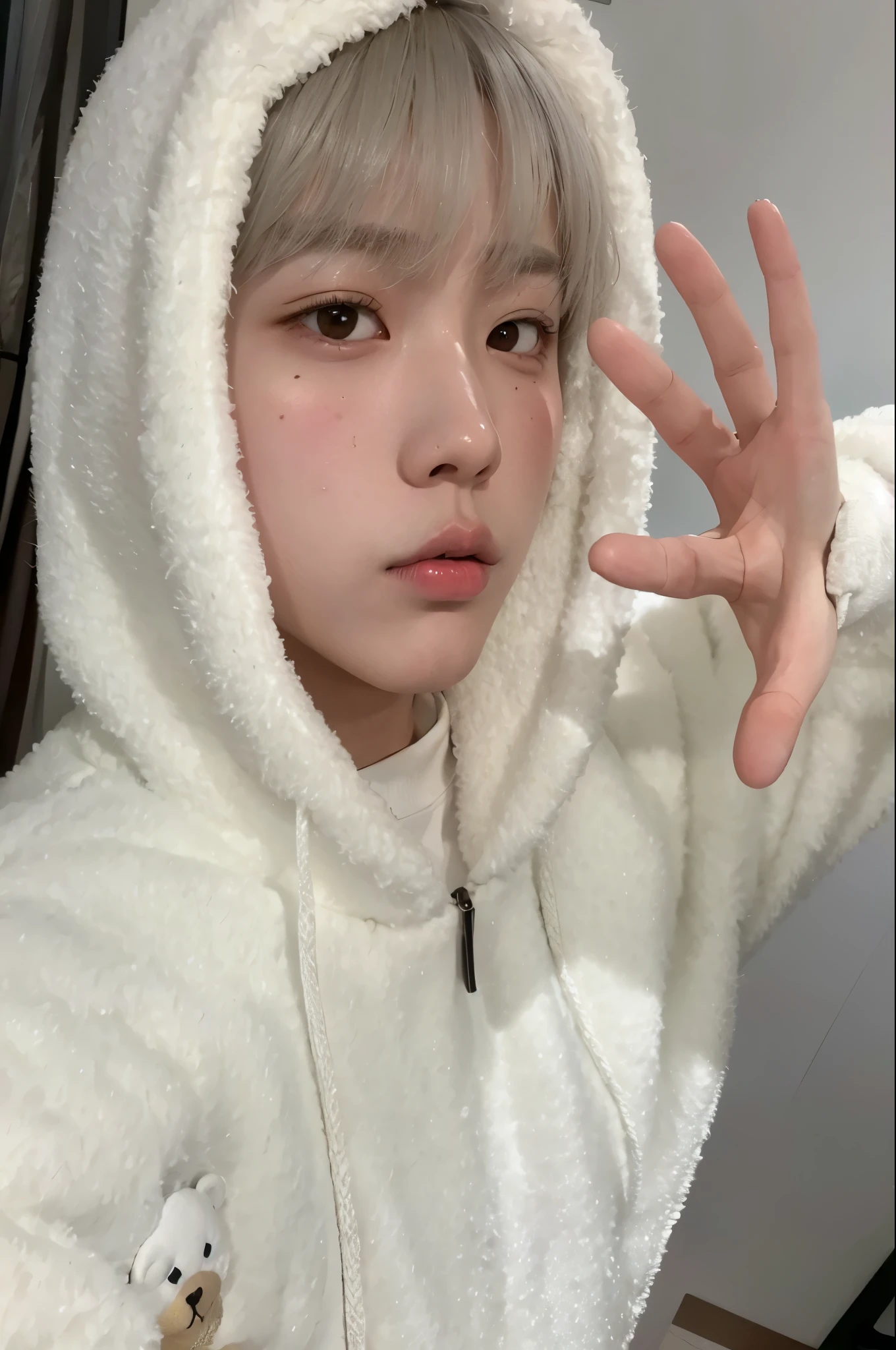 there is a boy wearing a white teddy bear sweatshirt, Kim Doyoung, male Ulzzang, Jimin, em um moletom, adorable and pale korean face, pele branca brilhante, inspirado em Bian Shoumin, park Jimin, cai xukun, Ulzzang, Sakimichan, Jimin\the right eyelid is swollen, pele branca leitosa, Jinyoung Shin