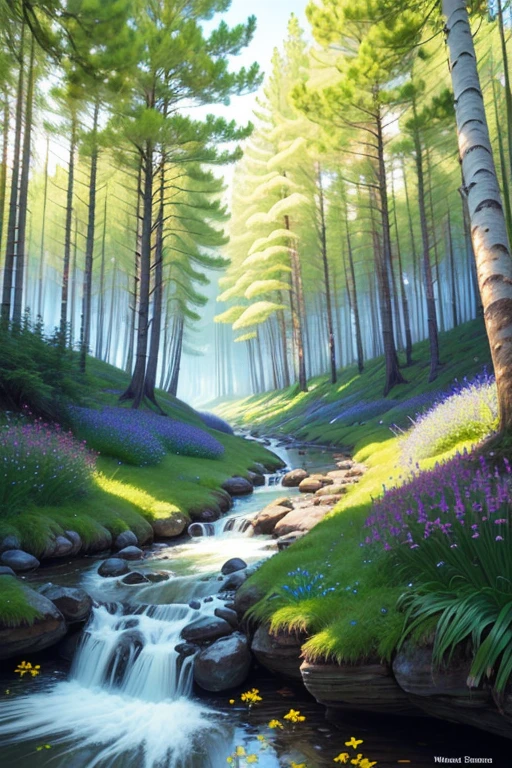 Liminal space, dream core, nostalgia core, forest area, birch forest, Virginia Bluebells, Meadowsweet, American Wintergreen, Tall Meadow-Rue, Star Flowers, false Solomon's Seal, Bunchberries, Speedwells, blue-bead lilies, dwarf Cinque foils, log cabin in the middle of the woods, made out of white cedar wood, green roof, next to a stream, pastel colors, soft colors, vivid colors