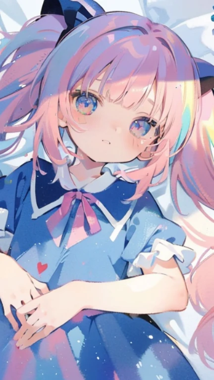 NSFW,(highest quality)、(masterpiece:1.2)、(colorful:0.9)、(color scattering)、(watercolor painting)、sharp focus、High resolution, (anime style:1.1), ((highest quality)), (Super detailed), (beautiful), alone,alice in wonderland、cute、Red ribbon on the head、masterpiece、best image quality、highest quality、alice in wonderlandのコスチューム、colorfulな長いパステルピンクの髪、twin tails、colorfulな目、(close up of face:1.2)