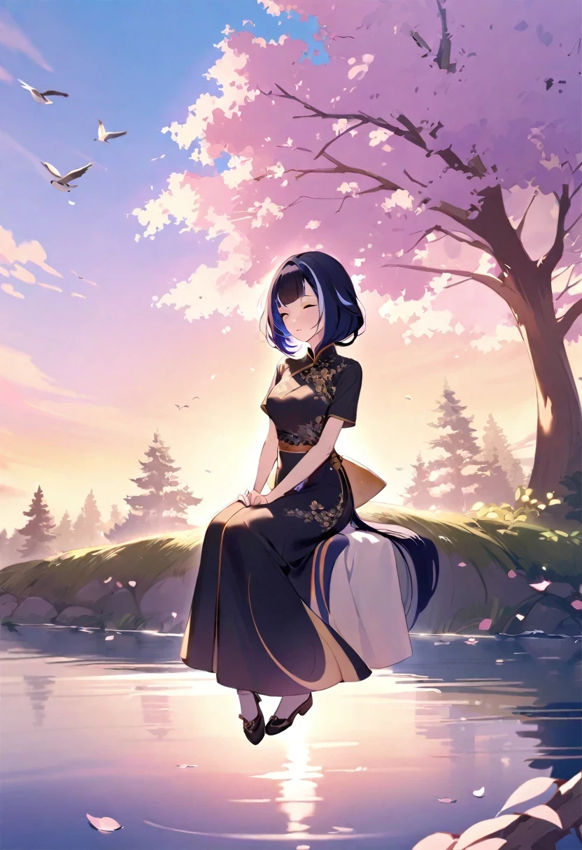(((shylily))),top-quality, Ink painting style, Fresh and elegant, Clear lake, orthofacial，Cute and shy，The cherry blossoms set as the sun sets，Black cheongsam gold pattern girl, Ride the flower wind to blow your head, A forest dotted with green leaves, Birds sing happily, A poetic scene