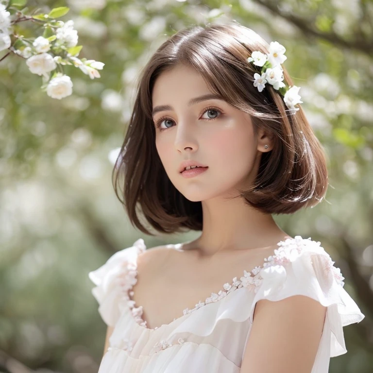 Joven mujer, short brown hair, ojos azules, piel blanca, pink and white fantasy dress, en un bosque, rodeada de flores blancas, con magia blanca en las manos 