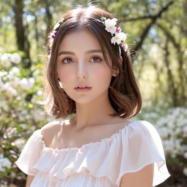 Joven mujer, short brown hair, ojos azules, piel blanca, pink and white fantasy dress, en un bosque, rodeada de flores blancas, con magia blanca en las manos 