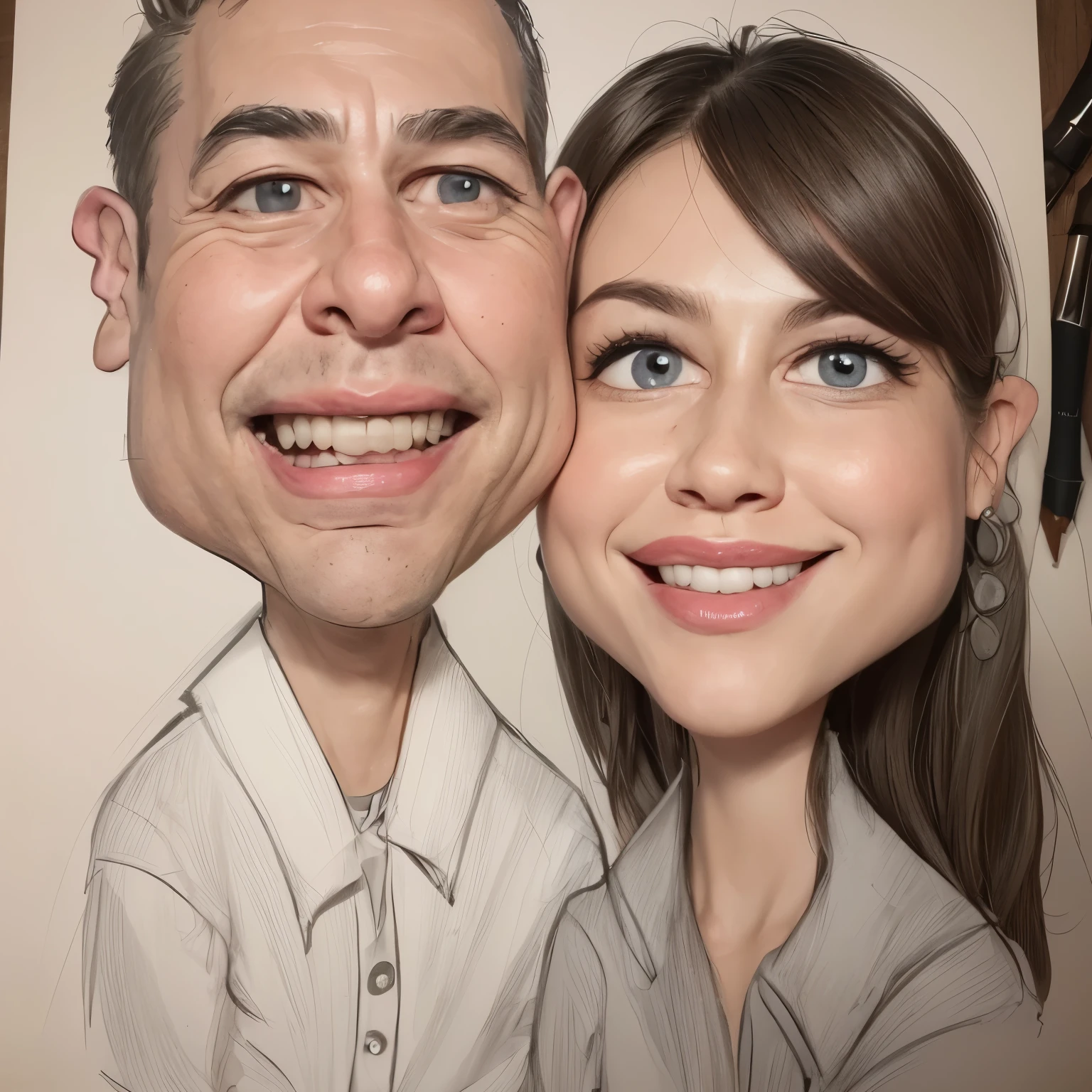 a drawing of a man and woman are smiling and posing for a picture, caricature style, caricature!!!, couple portrait, caricatural, couples portrait, caricature, cartoon portrait, caricature illustration, professional sketch, portrait of two people, caricaturist, traditional portrait, cartoon drawing, detailed portrait, happy couple, charicature, cartoon art