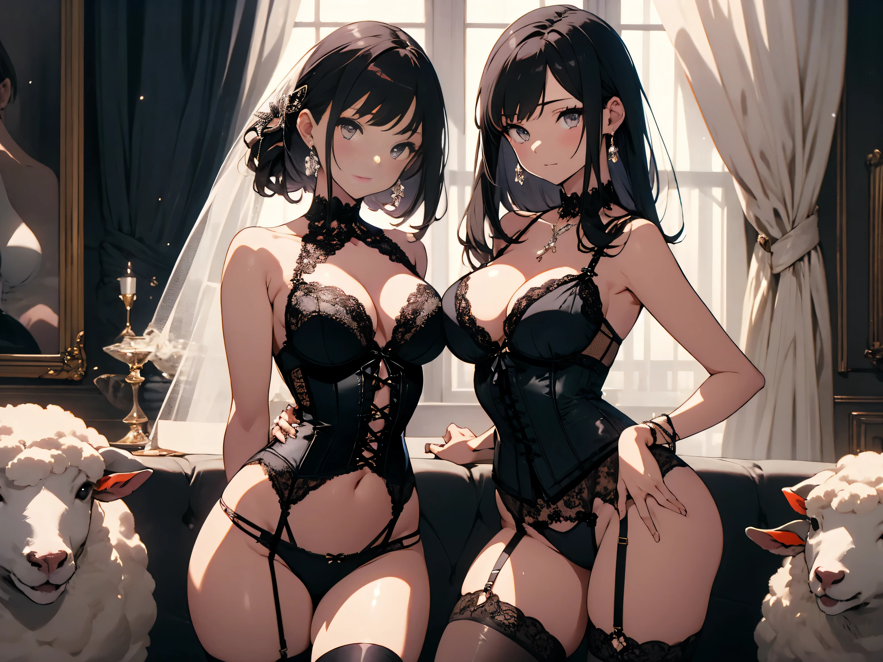 (Top Quality, Masterpiece, High Resolution, Detailed),4K,(Shining Eyes, Detailed Beautiful Face),Beautiful Animation,(1girl,BREAK)
,Elegantly Erotic Girl Lingerie Ensemble,For a more refined take on the fantasy girl theme, opt for an elegantly erotic lingerie ensemble that exudes sophistication and allure, This costume combines luxurious lingerie pieces with subtle elements for a chic and sensual look, Start with a sleek and figure-flattering corset or bustier crafted from silky fabrics such as satin or lace, featuring delicate sheep motifs embroidered or appliquéd along the neckline or hemline, BREAK
Pair the corset with matching panties or a thong adorned with subtle sheep-themed accents, such as miniature sheep charms or lace trimmings resembling sheep’s wool, Enhance the ensemble with sheer stockings or thigh-highs, accessorized with dainty garters or lace-up details for added glamour, Complete the look with elegant accessories such as pearl jewelry, satin gloves, and a seductive lace veil or blind
BREAK,cute)
