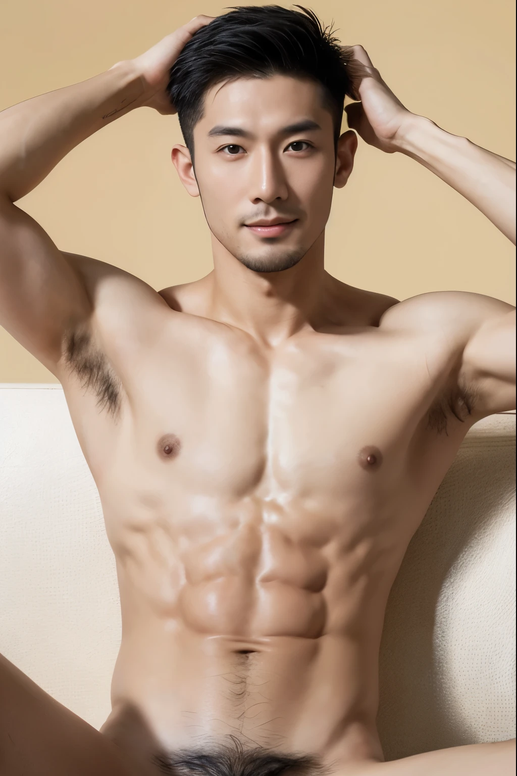 Handsome asian man, handsome man, handsome guy, asian man, Full Body Shoot, photoshoot, beard, a little beard, male naked, nude, nudity, portrait, look at camera, detailed facial parts, Manly, Charmer, Active Boy, laying, laying on sofa, arms spread, arms opened, legs opened, harness, happy expression, smile, perfect anatomy, symmetric body, asian boy 25-year-old, shirtless :: high detail, asian, a little six packs attractive body, realistic, human skin, handsome chad chin, shirtless, handsome, lean muscle, attractive, slim, masculine, sexually attractive, human skin, (eyes contact), Handsome, Attractive, bright tone, pastel background