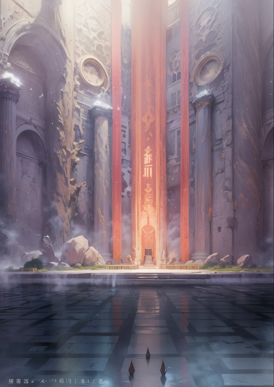 Immortal Throne Room, Grand open marble hall, massive banners in the background, huge misted marble background design, Made in Abyss, Stormlight Archive, Studio Ghibli, Anime Key Visual, by Makoto Shinkai, Deep Color, Intricate, 8k resolution concept art, Natural Lighting, Beautiful Composition, Xianxia style