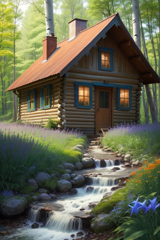 Liminal space, dream core, nostalgia core, forest area, birch forest, Virginia Bluebells, Meadowsweet, American Wintergreen, Tall Meadow-Rue, Star Flowers, false Solomon's Seal, Bunchberries, Speedwells, blue-bead lilies, dwarf Cinque foils, log cabin in the middle of the woods, made out of white cedar wood, green roof, next to a stream, pastel colors, soft colors, vivid colors, located back behind some suburbs