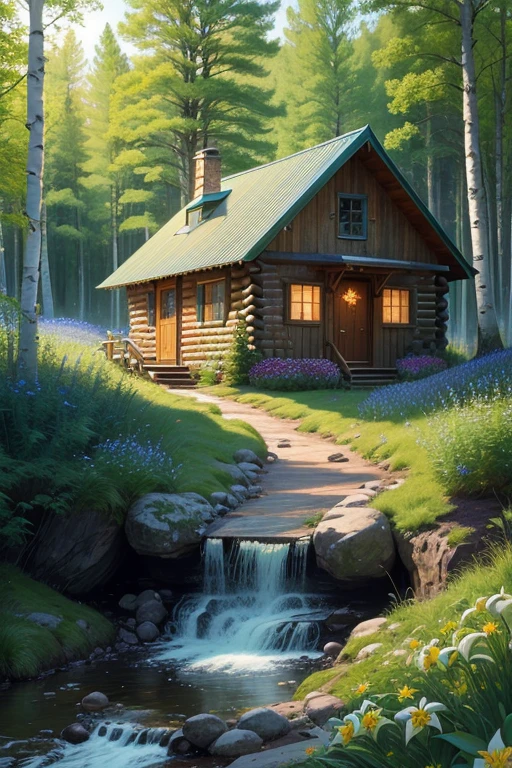 Liminal space, dream core, nostalgia core, forest area, birch forest, Virginia Bluebells, Meadowsweet, American Wintergreen, Tall Meadow-Rue, Star Flowers, false Solomon's Seal, Bunchberries, Speedwells, blue-bead lilies, dwarf Cinque foils, log cabin in the middle of the woods, made out of white cedar wood, green roof, next to a stream, pastel colors, soft colors, vivid colors, located back behind some suburbs