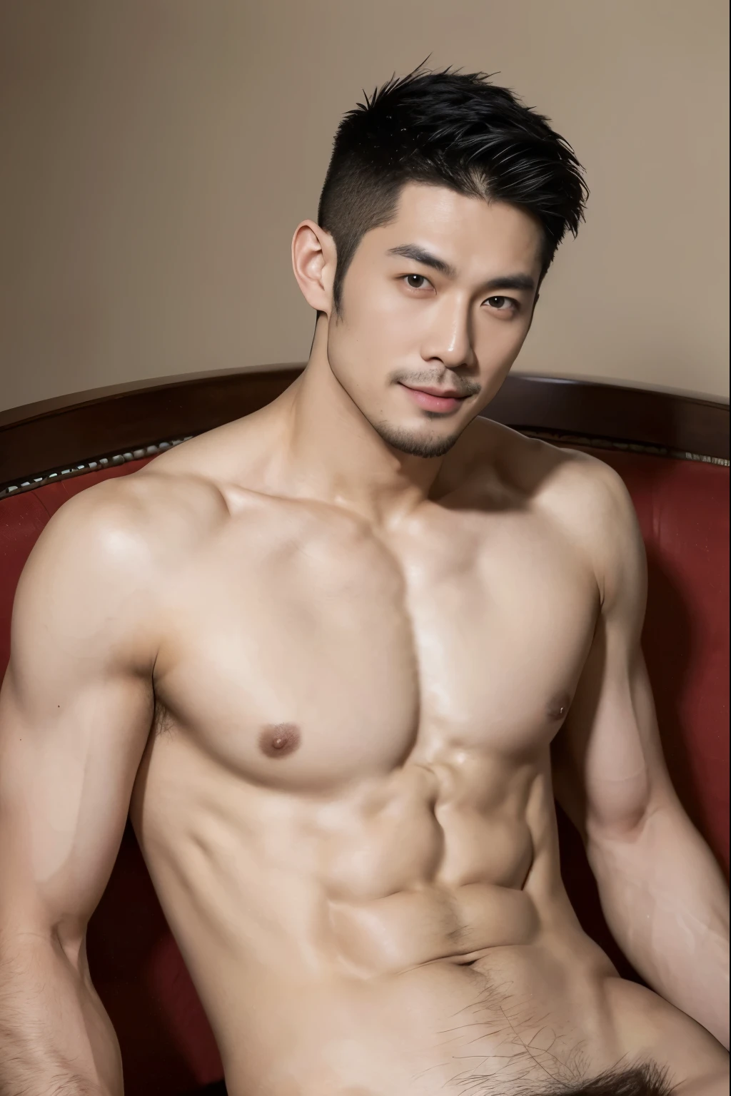 Handsome asian man, handsome man, handsome guy, asian man, Full Body Shoot, photoshoot, beard, a little beard, male naked, nude, nudity, portrait, look at camera, detailed facial parts, Manly, Charmer, Active Boy, laying, laying on sofa, arms spread, arms opened, legs opened, harness, happy expression, smile, perfect anatomy, symmetric body, asian boy 25-year-old, shirtless :: high detail, asian, a little six packs attractive body, realistic, human skin, handsome chad chin, shirtless, handsome, lean muscle, attractive, slim, masculine, sexually attractive, human skin, (eyes contact), Handsome, Attractive, bright tone, pastel background