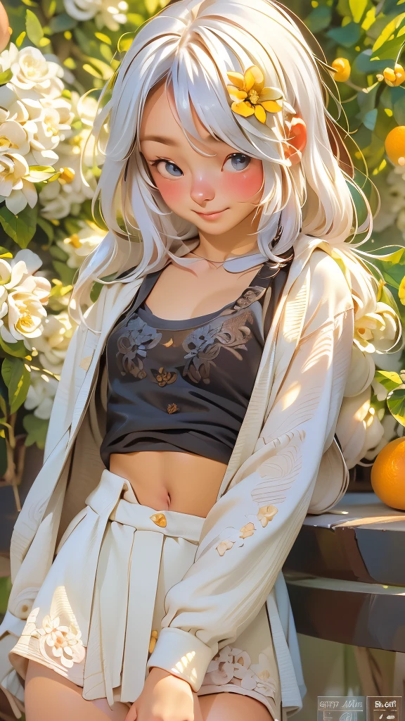 ((1 girl with an open face), (full-length, very cute)). ((young white girl, white hair),(NSFW), (orange:1.1, white:1.3, yellow:1.3), ((8K, RAW photo, Best quality, owner:1.2), (realistic, photo-realistic:1.37), ultra-detailed, 1 girl, cute), (Alone, beautiful, detailed face)). ((Night, sitting, meeting, (blushing), (smile: 1.1), (Shut up), beautiful peach breasts, tender eyes, unbuttoned, (shirt with collar: 1.1), (Pleat skirt), (loose hair, long eyelashes, eye shadow, small face, big eyes, full-length shot, bare shoulders, in a blooming garden)). ((bare parts of the body), (down jacket: 1,2), (Body jacket, thong, short T-shirt )). ((flowers, fruits)).((Perfect, beautiful), (picturesque background, attention to detail of the girl's face, figures, flowers)). ((artistic digital painting 8k, photorealistic concept art), (soft natural volumetric cinematic ideal warm light, cold shadows), (masterpiece)).