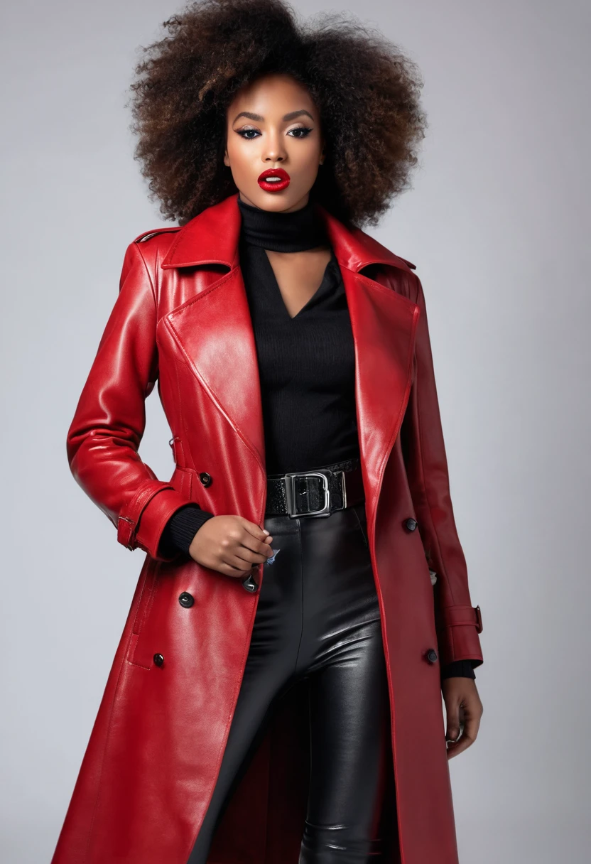 Generates an African American girl with afro hair, dressed in a red leather overcoat closed by a black leather belt, full body shot, model body, of great beauty, intense look, blowing a mascara gum bomb while winking to the camera, professional photography, 8k UHD resolution, v4 aperture, perfect composition, ultra sharp, minimal details very sharp and well defined, highlights the leather fabric of the long and elegant overcoat, masterpiece, solid white photo studio background