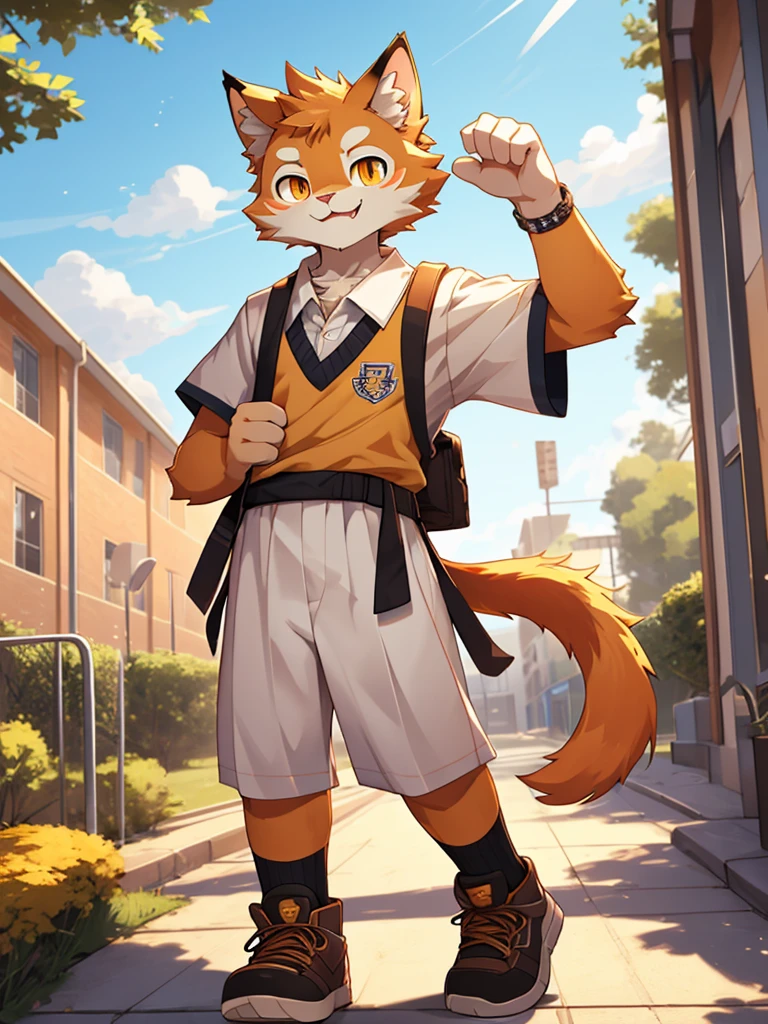 (masterpiece),(Very detailed),(best quality),hairy,Cat,orange fur,Vivid eyes,golden pupils,cute style,Sunny and cheerful,slender figure,(white casual wear),((funny expression)),8K,(high quality),(ultra high definition),(super detailed)(High )(Leaking from head to toe)