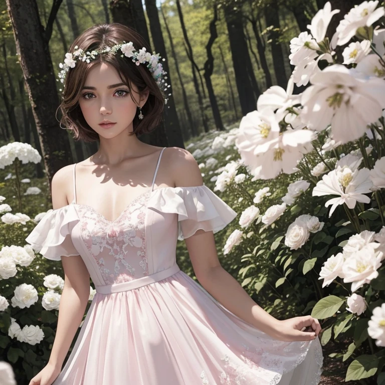 Joven mujer, short brown hair, ojos azules, piel blanca, pink and white fantasy dress, en un bosque, rodeada de flores blancas, con magia blanca en las manos