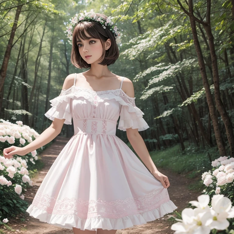 Joven mujer, short brown hair, ojos azules, piel blanca, pink and white fantasy dress, en un bosque, rodeada de flores blancas, con magia blanca en las manos 