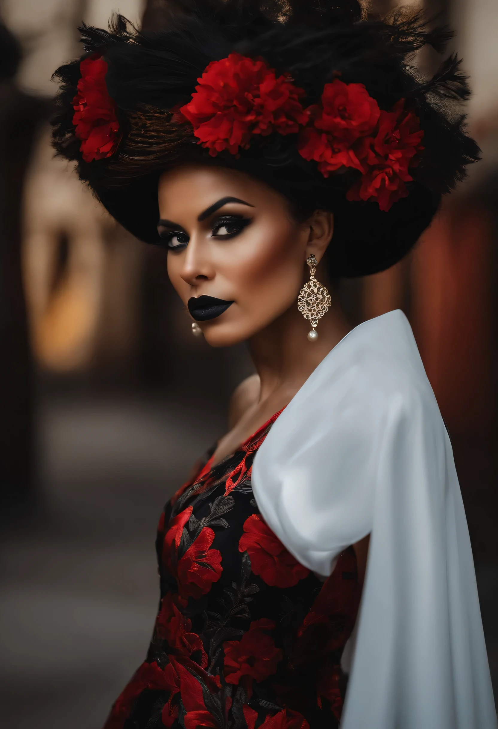 rosto mulher branca e metade caveira. cabelos pretos lisos e longo, olhar profundo e olhos negros, batom vermelho. vestido longo todo preto com capa preta.