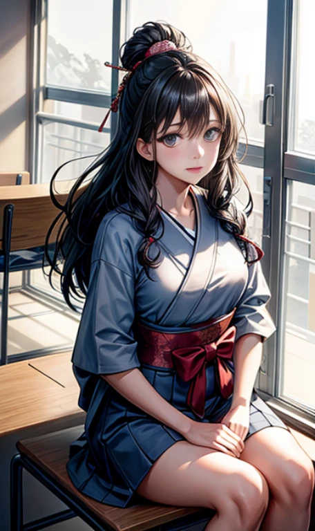 An eighteen-year-old young woman with long hair wearing traditional Japanese clothing is sitting in a classroom (The expression is serious, Cold 1.5) (Best quality: 1.1) (Masterpiece: 1.3) with an unparalleled Masterpiece, سريالية 8K, Perfect work of art, Superior detail, Best quality, Masterpiece 4K wallpaper aesthetics, Masterpiece, Award-winning artwork, Official art, Cinema lighting