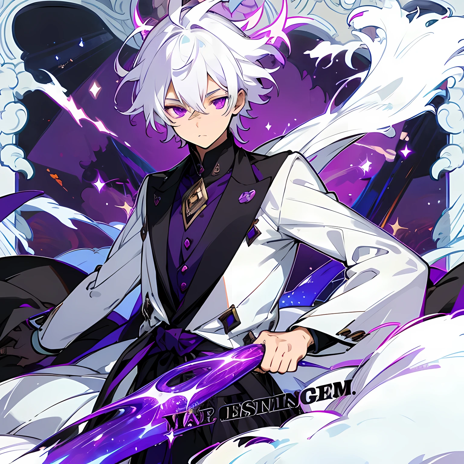 Young man covered in cosmic energy with white hair and purple eyes,con traje de asesino negro y morado