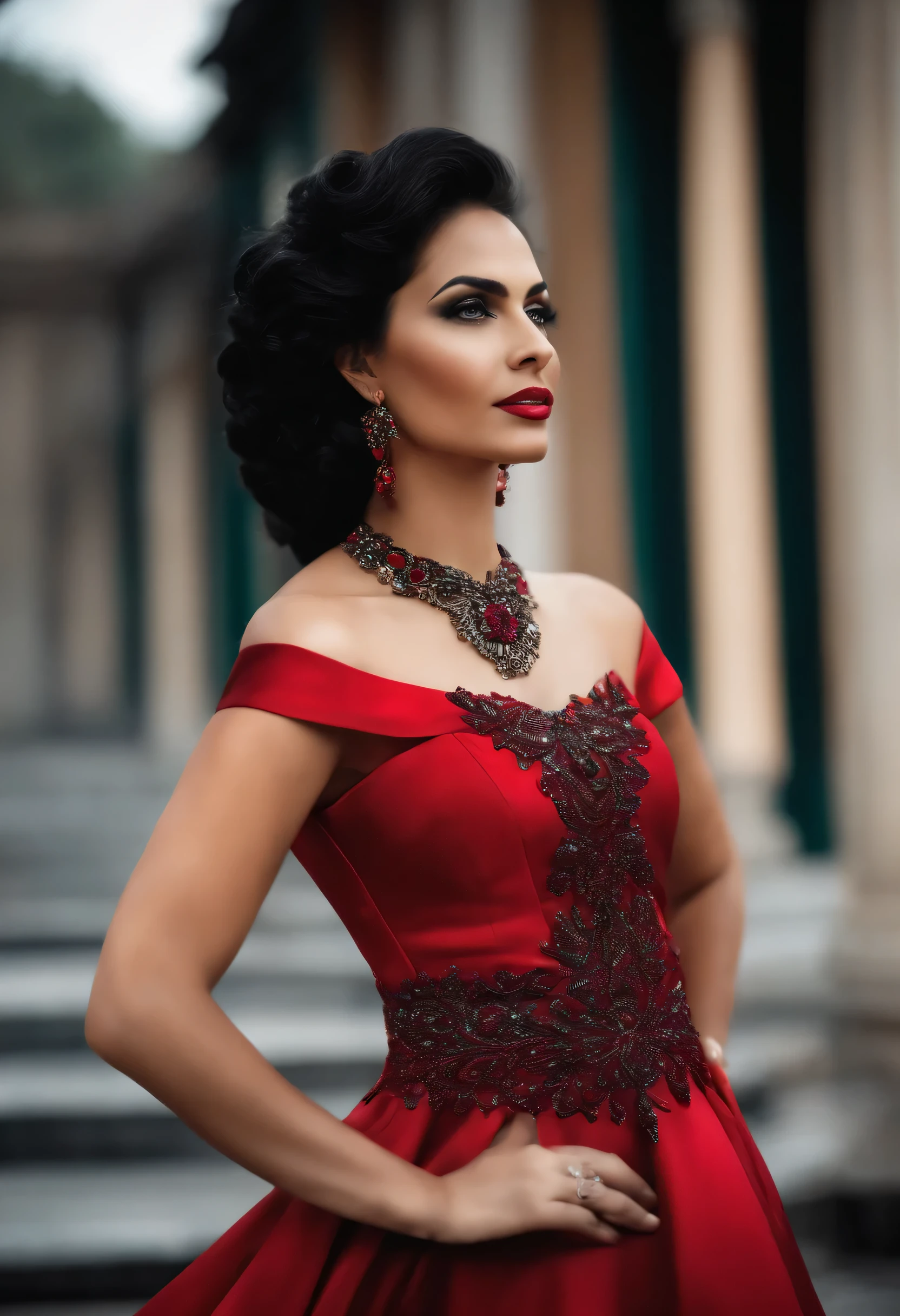 garota lobo, raiva, cabelo preto e comprido, vestido vermelho