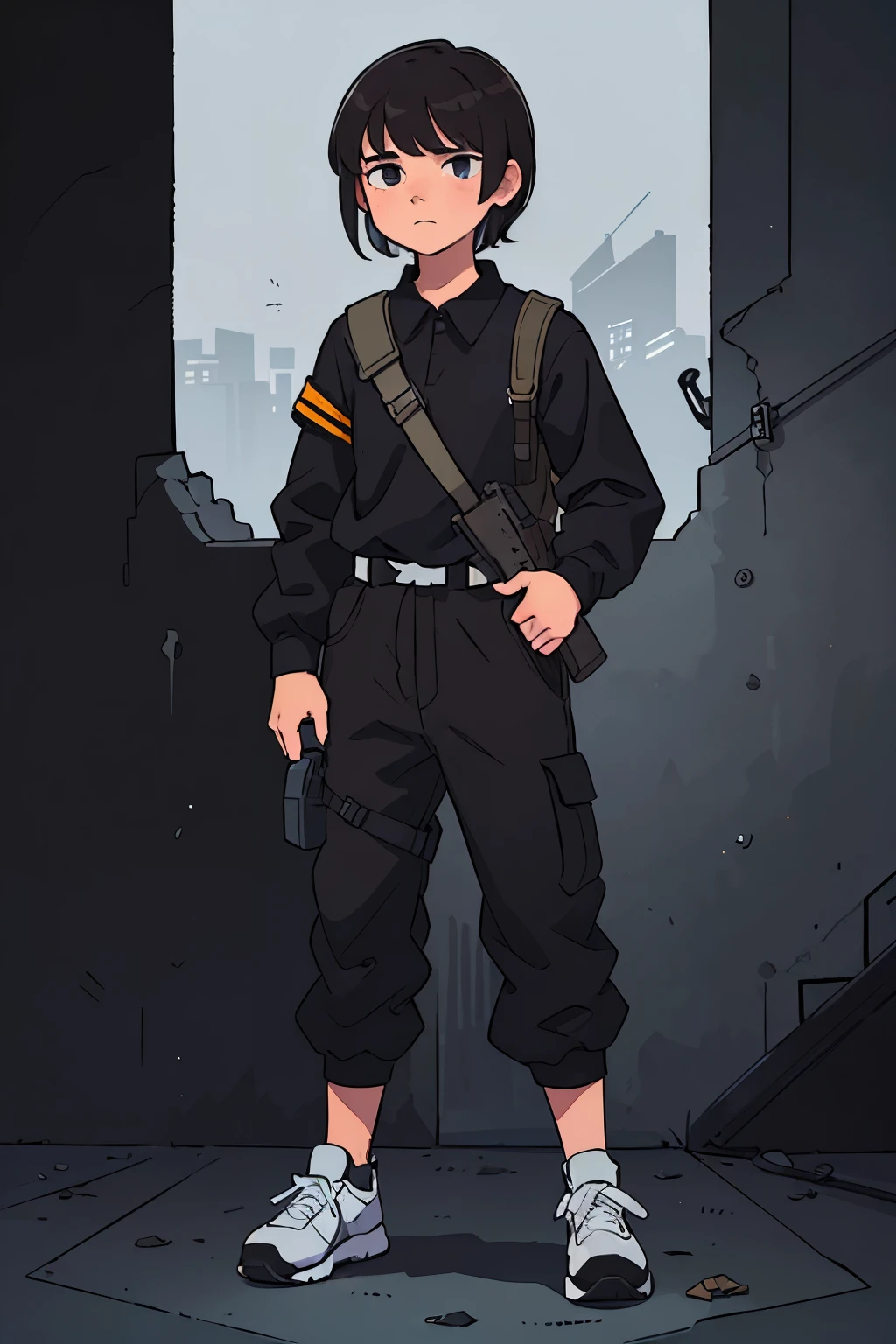 White teen with medium lenght hair, middle part cut, eboy haircut, using black military helmet, Grabbing an m16 rifle, Dark brown hair, Brown eyes, black shirt, black joggers, black converse Sneakers, melancholic, Looking down