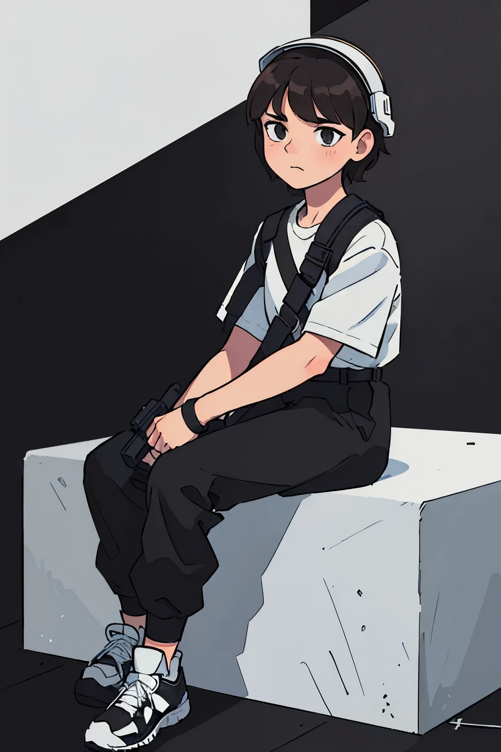 White teen with medium lenght hair, middle part cut, eboy haircut, using black military helmet, Grabbing an m16 rifle, Dark brown hair, Brown eyes, black shirt, black joggers, black converse Sneakers, melancholic, Looking down