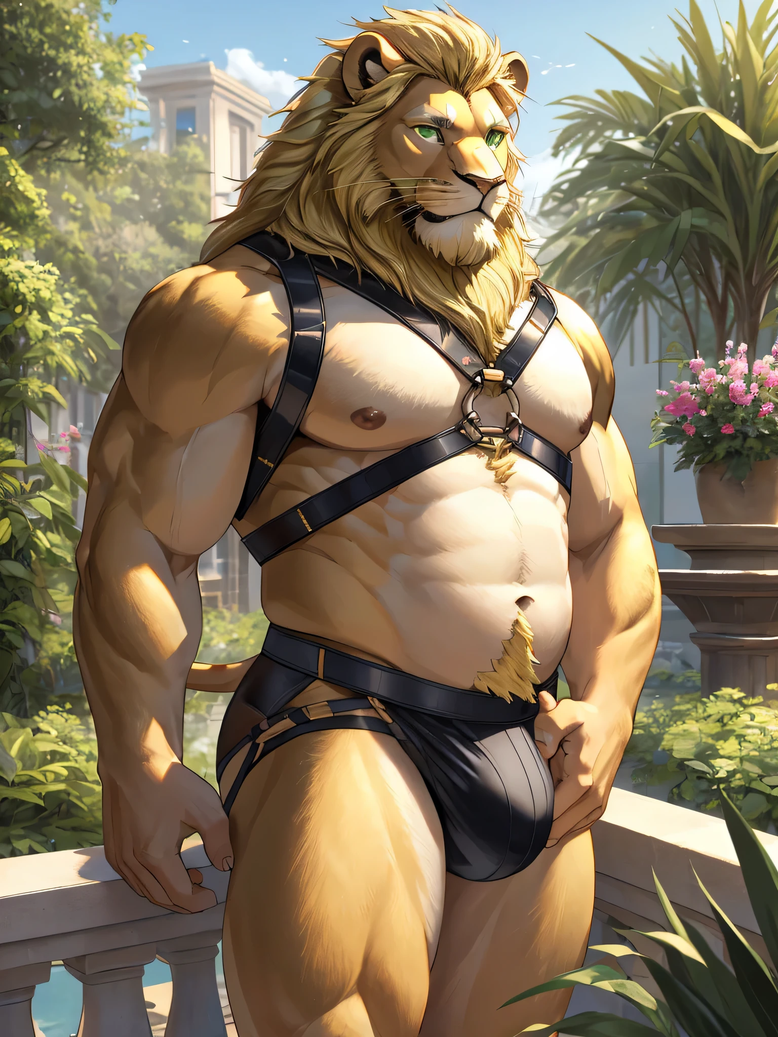 (best quality, highres, ultra-detailed), realistic, lion, male, long and blonde mane, blonde beard, green eyes, round and plump belly, chest harness, tight and form-fitting jockstrap, sexy pose, sexy gaze, alone, standing, terrace garden