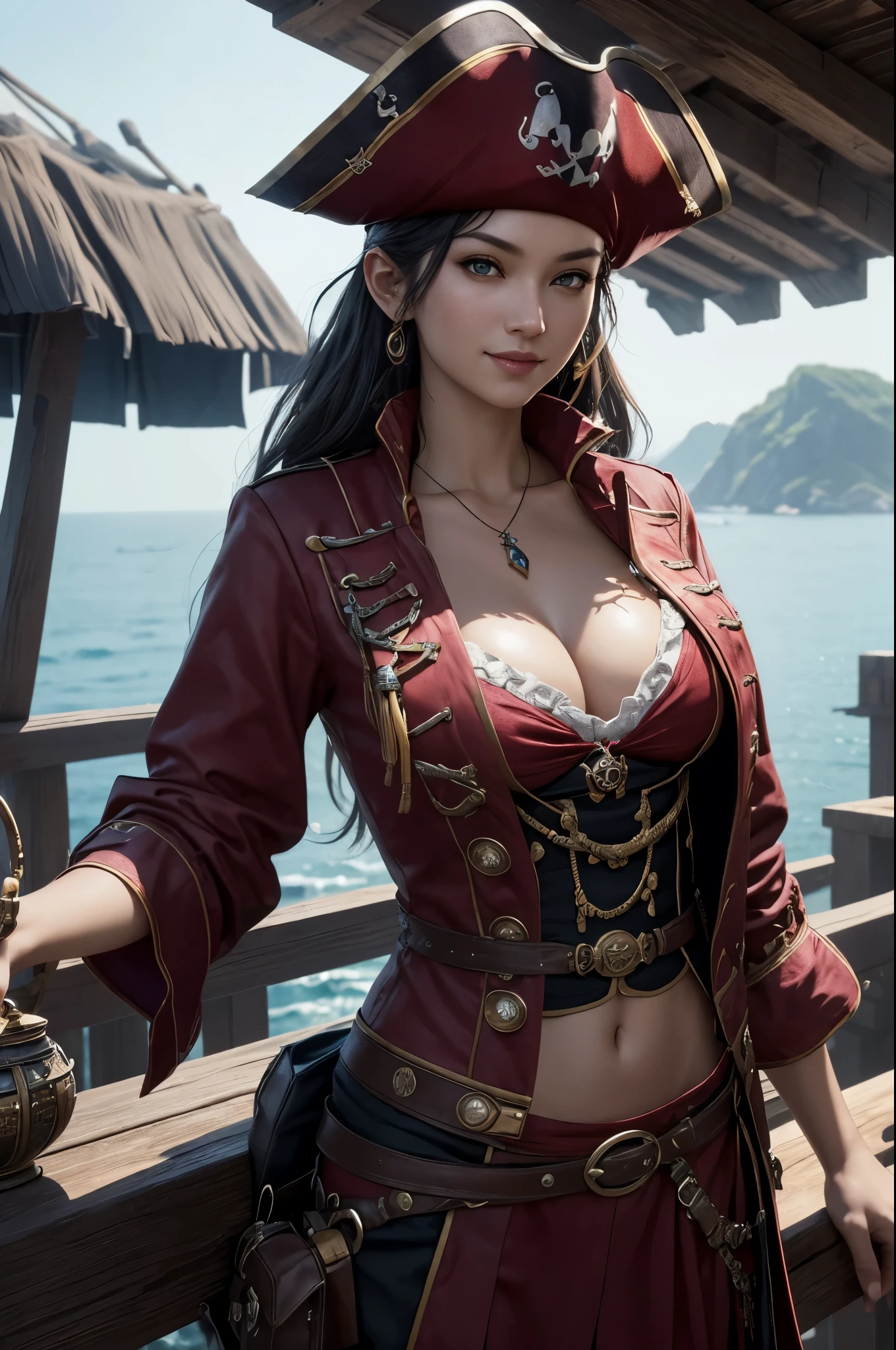 8K,(masterpiece, Interesting image of a pirate dressed in red tones、enchanting pirate..:1.3), (A captivating depiction of the perfect combination of charm and adventure..:1.2), (Carefully crafted to bring out the character's charm to the fullest..:1.2), (Attractive pirate wearing an attractive pirate costume that makes your figure stand out...:1.1), (A balance between classic pirate elements and modern sensuality..:1.1), (her confident and brave look ::、Further enhance her mysterious charm..:1.1), (Also pay attention to the set contents...., From low necks to luxury accessories..:1.1), (The background captures the essence of the pirate world.., Packed with treasures and adventure tips:1.1), (While embracing sensuality..、 depiction, interest and adventure.:1.1), (A mix of attractive aesthetics and piracy 、Create visually appealing elements:1.1), (A work of art that celebrates both imagination and charm in a vibrant and captivating way..:1.1), (魅力的な公海の魅力とenchanting pirateの世界への状..:1.1)), movie, super detailed, insane details, beautiful gradation color, Every time , Hypersite, megapixel,anti-aliasing, nffsw, NBTC's.., EGAT.., s., post-processed, post production, tone mapping, ....CGI, VFX, special effects, detailed and complex, Hyper Maxim, wonderful, Volume measurement, realistic portrait, Super photorealistic, super detailed, intricate details, Volume measurement lightning, EGAT.., realistic, unreal engine, 11, sharp focus, octane render,dynamic pose,smile,