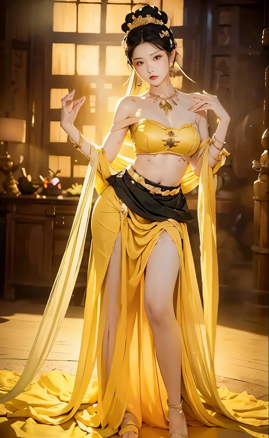 TeeTee1, 1girl, (Asian model), 18 years old, with a soft, supple body, long black hair cascading down to her waist, intricately braided, revealing the entire length of her figure from head to leg. Wearing a simple yet alluring yellow bra and a pleatedskirt of the same hue, she adorns herself with black bracelets and a chic black chain around her neck. Her large earrings gleam under the 8k, RAW photo's ultra-high resolution light as she assumes a seductive, erotic pose.
Kneeling before an unseen partner, her open leg provocatively showcases