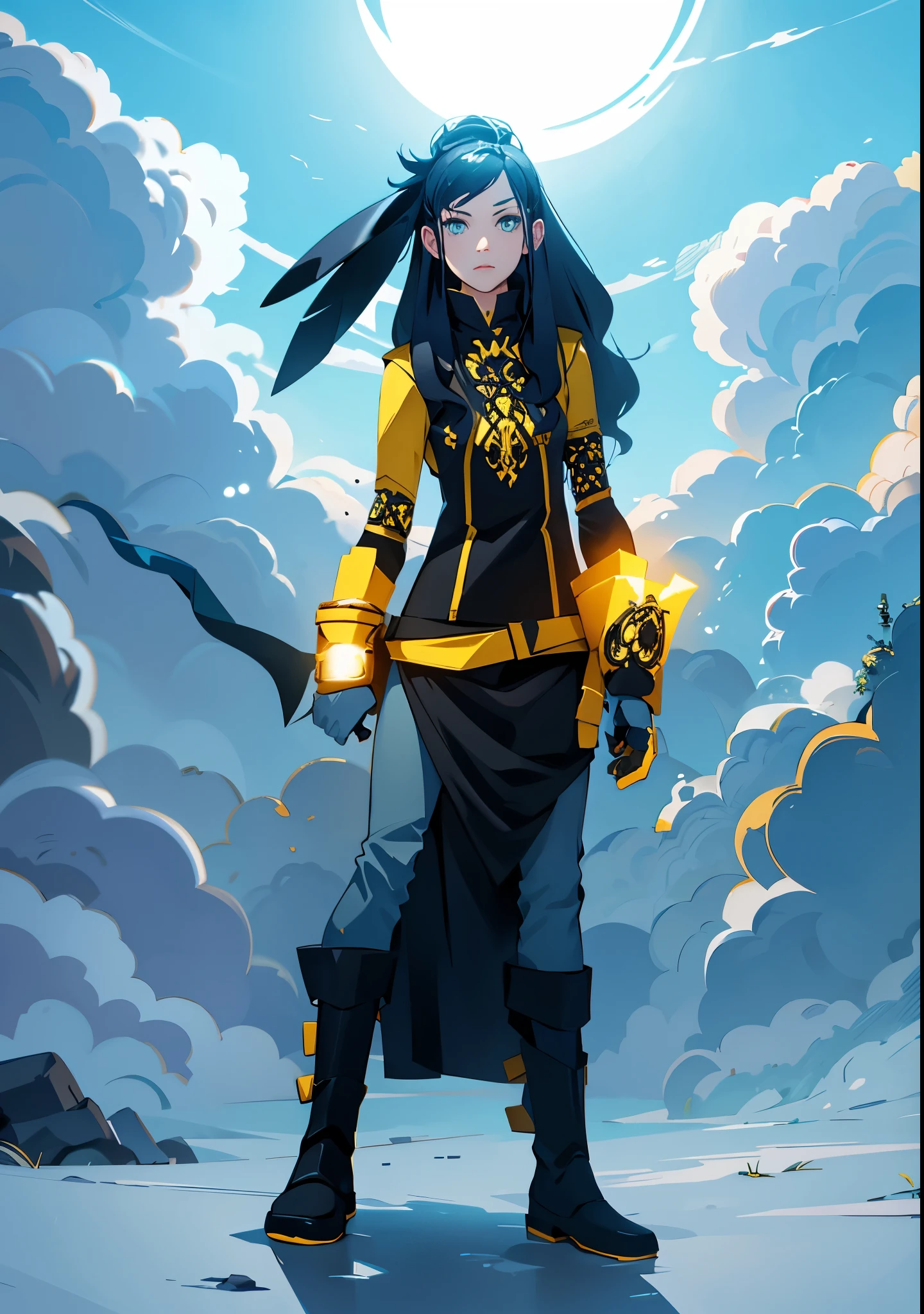 a woman warior, she wears black clothes with yellow ornaments, (black blouse), black pants, (blue and black boots), (blue skirt), she wear armour for her right hand, robot hand for her left hand, she holds a wavy sword with her right hand, bright place, sunny day