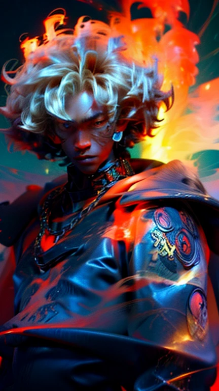 a close up of a person with a black face, Afro American man, black curly Afro, muscular, God, Face resembling Rhea Ripley, warrior energy, black long sleeve shirt with silver embroidered typography on sleeve, Crimson Red Flame Aura, Nebular Diamond link chain draped around neck, anime art wallpaper 4 k, high resolution, beast form,anime art, black man, glowing eyes, muscular,badass anime 8 k, anime epic artwork, 4 k manga wallpaper, ultra hd anime wallpaper