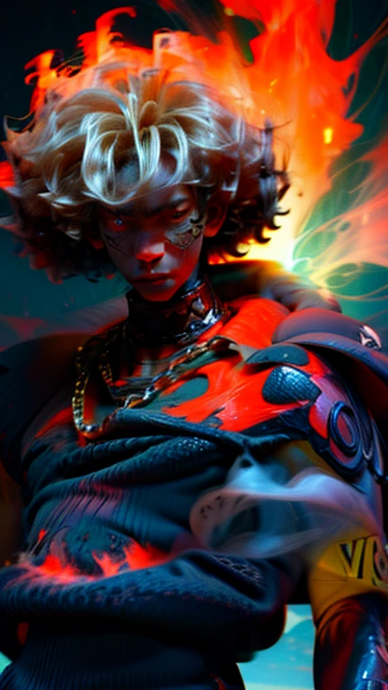a close up of a person with a black face, Afro American man, black curly Afro, muscular, God, Face resembling Rhea Ripley, warrior energy, black long sleeve shirt with silver embroidered typography on sleeve, Crimson Red Flame Aura, Nebular Diamond link chain draped around neck, anime art wallpaper 4 k, high resolution, beast form,anime art, black man, glowing eyes, muscular,badass anime 8 k, anime epic artwork, 4 k manga wallpaper, ultra hd anime wallpaper
