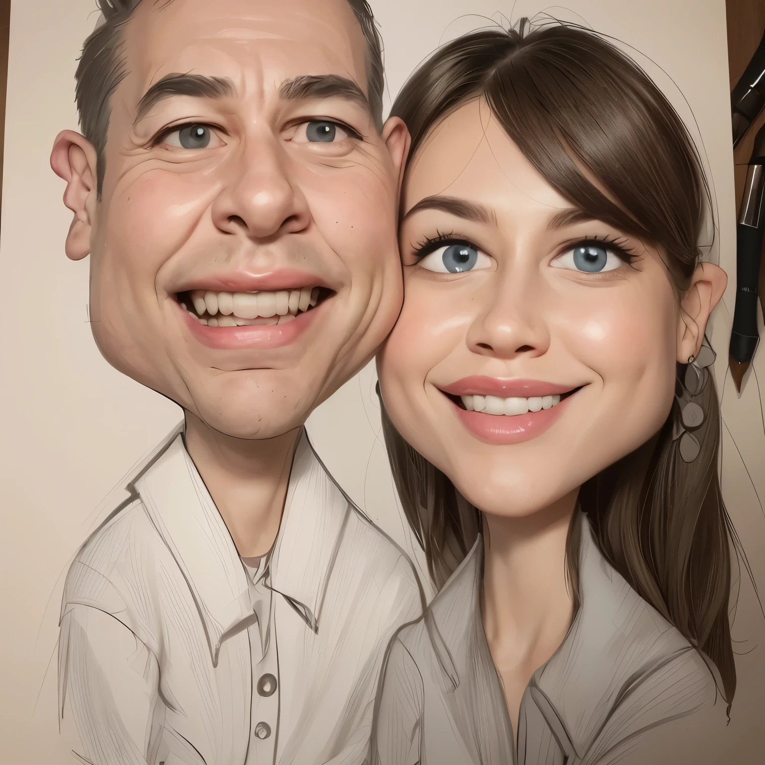 a drawing of a man and woman are smiling and posing for a picture, caricature style, caricature!!!, couple portrait, caricatural, couples portrait, caricature, cartoon portrait, caricature illustration, professional sketch, portrait of two people, caricaturist, traditional portrait, cartoon drawing, detailed portrait, happy couple, charicature, cartoon art,realist clothes