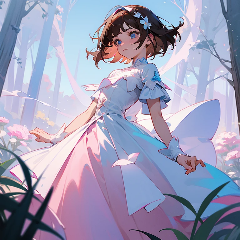 Joven mujer, short brown hair, ojos azules, piel blanca, pink and white fantasy dress, en un bosque, rodeada de flores blancas, con magia blanca en las manos 