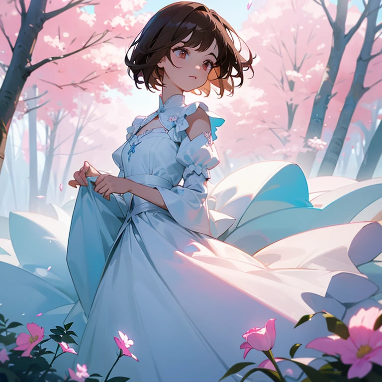 Joven mujer, short brown hair, ojos azules, piel blanca, pink and white fantasy dress, en un bosque, rodeada de flores blancas, con magia blanca en las manos