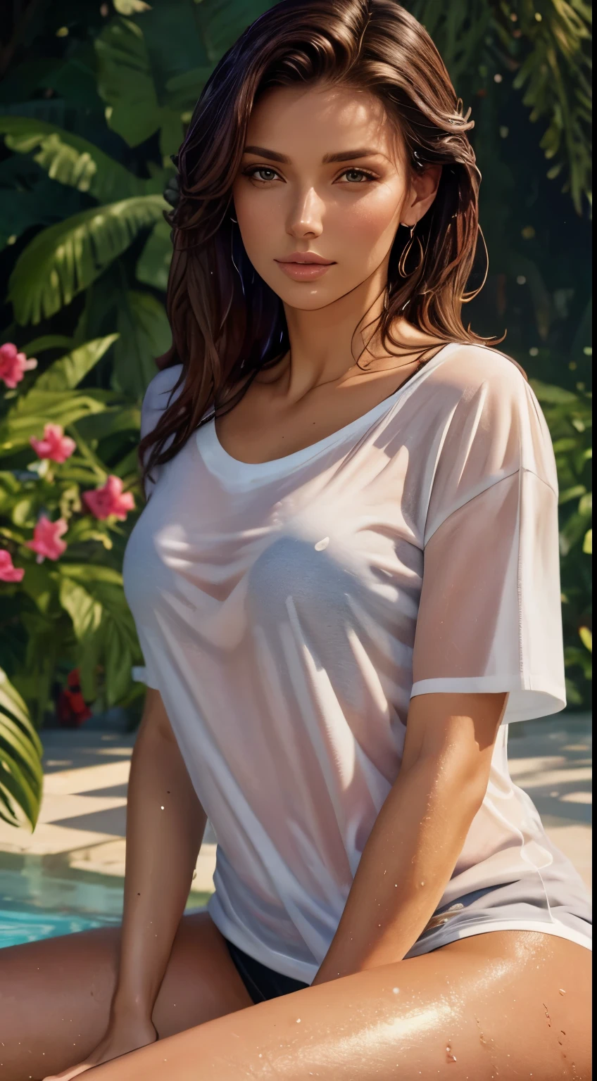 (best quality,4k,highres:1.2),ultra-detailed,(realistic:1.37),Woman in a garden,beautiful detailed face,expressive eyes,glossy lips,wet hair,dewy skin,golden hour lighting,wet white t-shirt clinging to her body,alluring pose,water droplets on the t-shirt,subtle smile,sensual atmosphere,soft breeze,perfectly manicured nails,vivid colors,summer vibes,natural beauty. No bra