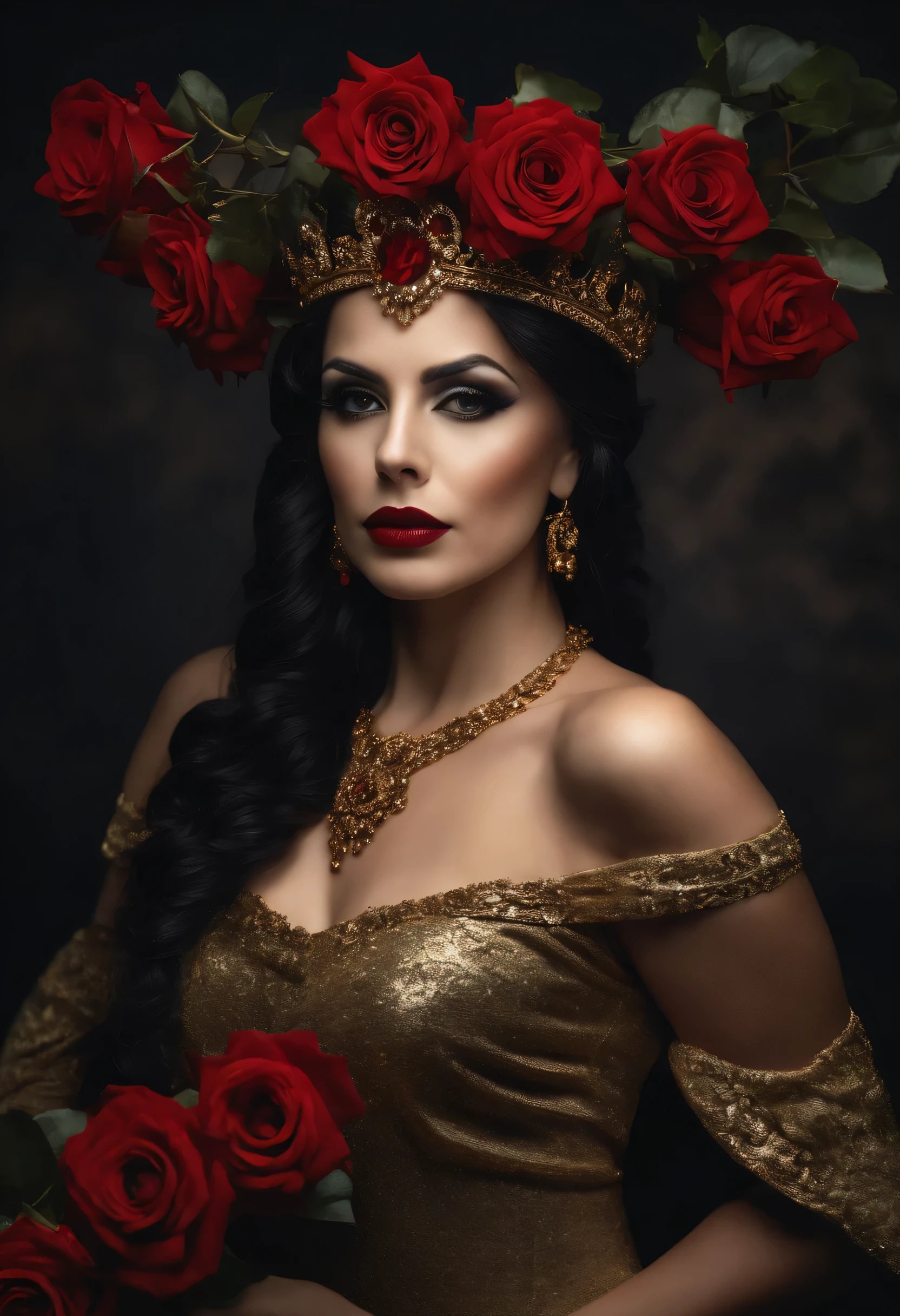 hiper-realismo, goth woman, pombo gira, 37 anos, monera, cabelos pretos, Wearing a queen's crown on her head, com (((vestido longo preto e dourado))), rosto fechado, Face da Brava, holding 7 red roses in your hands, com fundo escuro, com a luz da lua iluminando, foto de corpo todo, looking-into-camera, olhar intimidador, Hiper realista, ultrarrealismo, detalhes realistas.