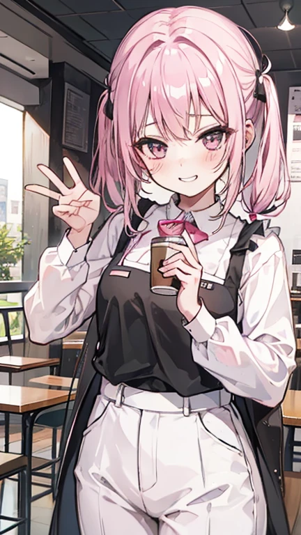 extreme close up, White shirt and black suit trousers with pink twin tails,A dignified and wonderful girl, at the cafe, grin and laugh, Coffee included