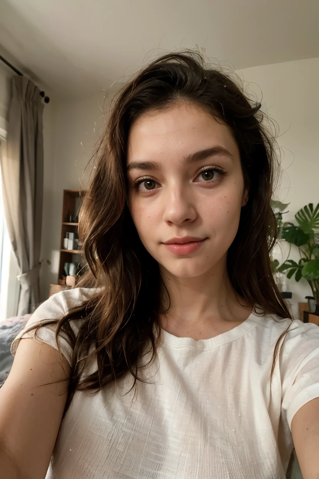 Coquette girl, wavy hair, big breasts, wearing a cute shirt, realistic, texture on skin, high quality, hd, photo taken in her room with plants, warm dim lighting, selfie, cozy, texture on skin, low light, really dim orange lighting, front camera selfie, up close of face and torso